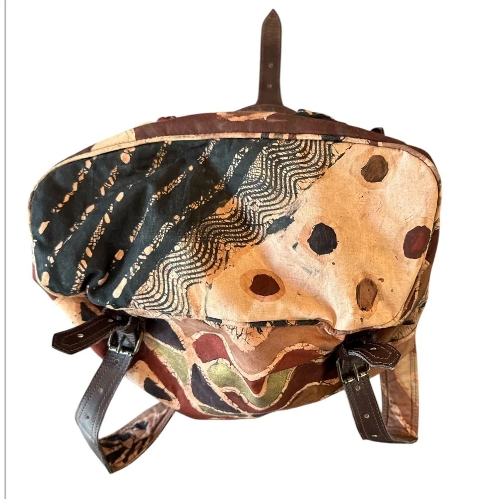 The Trading Company Brown Batik Print Cloth & Leather Backpack NWOT